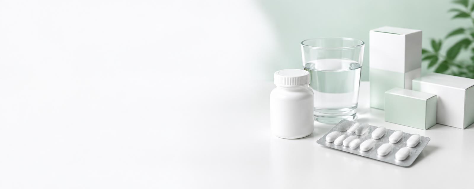 Medicine bottle and tablets on a clean pharmacy counter